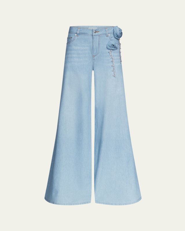 Crystal Rosette Wide Leg Jeans